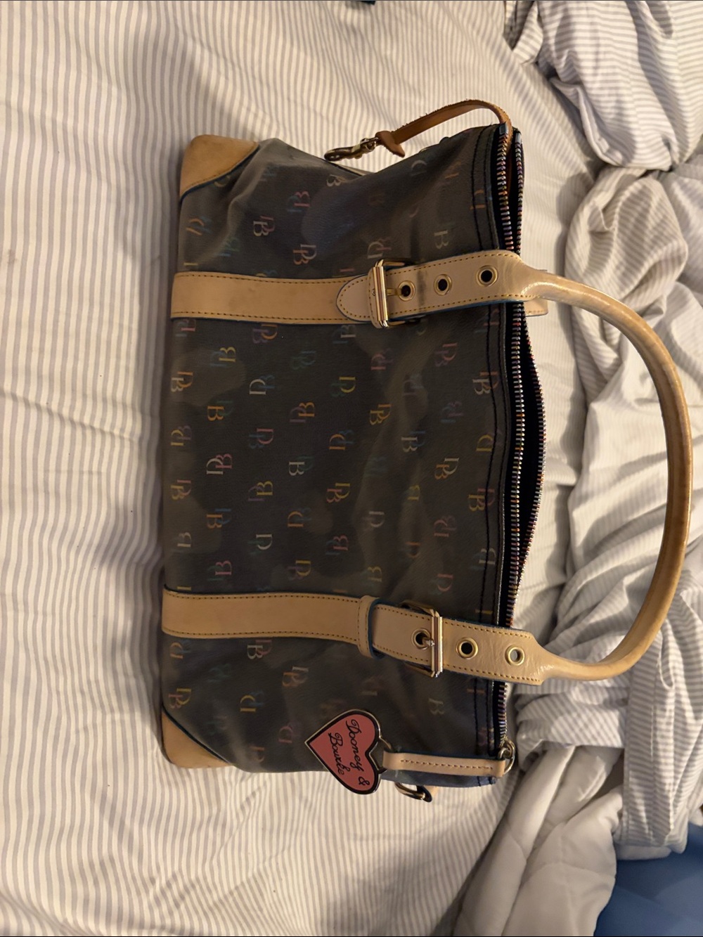 Dooney & Bourke Black Multicolor Logo Duffel with Tan Trim